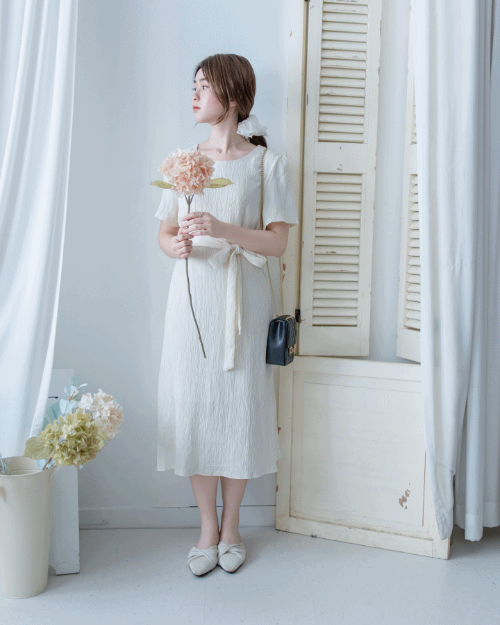 Side Slit Dress 車褶腰身綁帶開衩直身連身裙/ DS1161