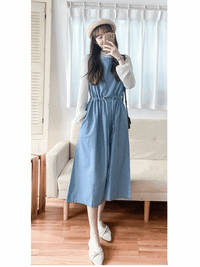 Denim Vest Dress 牛仔色白色車線背心連身裙/ DS9839