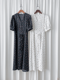 Snowdot Floral Dress V領口雪點印花修腰連身裙/ DS9872