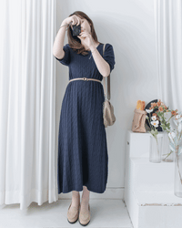 Cable-Knit Navy Dress 經典扭紋輕修腰針織連身裙/ DS1078