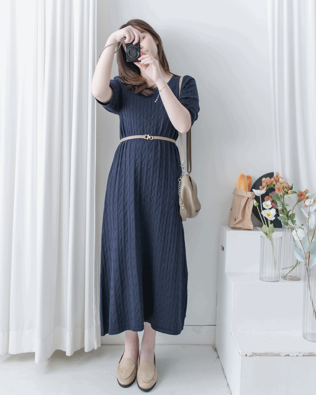 Cable-Knit Navy Dress 經典扭紋輕修腰針織連身裙/ DS1078