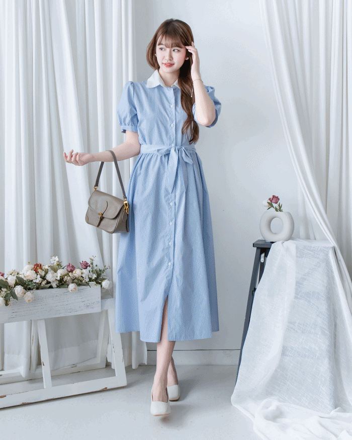 Stripe Collar Dress 拼接圓角翻領綁帶條紋襯衫連身裙/DS1163