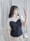 Spliced Blouse 深藍拼接設計不貼假修腰上衣/ BU9114