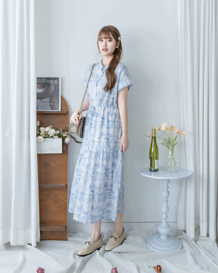 Porcelain Shirt Dress 無領陶瓷花印花恤衫連衣裙/ DS1151