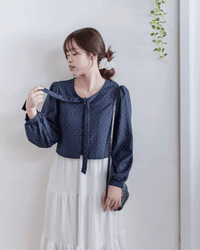 PolkaDot Scarf Blouse 光澤感小點V領綁結微短上衣/ BU9130