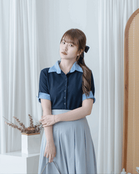 Stripe Collar Top  仿恤衫外穿針織彈性修身上衣/ TP9233