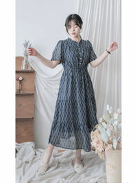 Ruffle Collar Rhombus Dress 花邊領口菱格紋雪紡連身裙/ DS9994