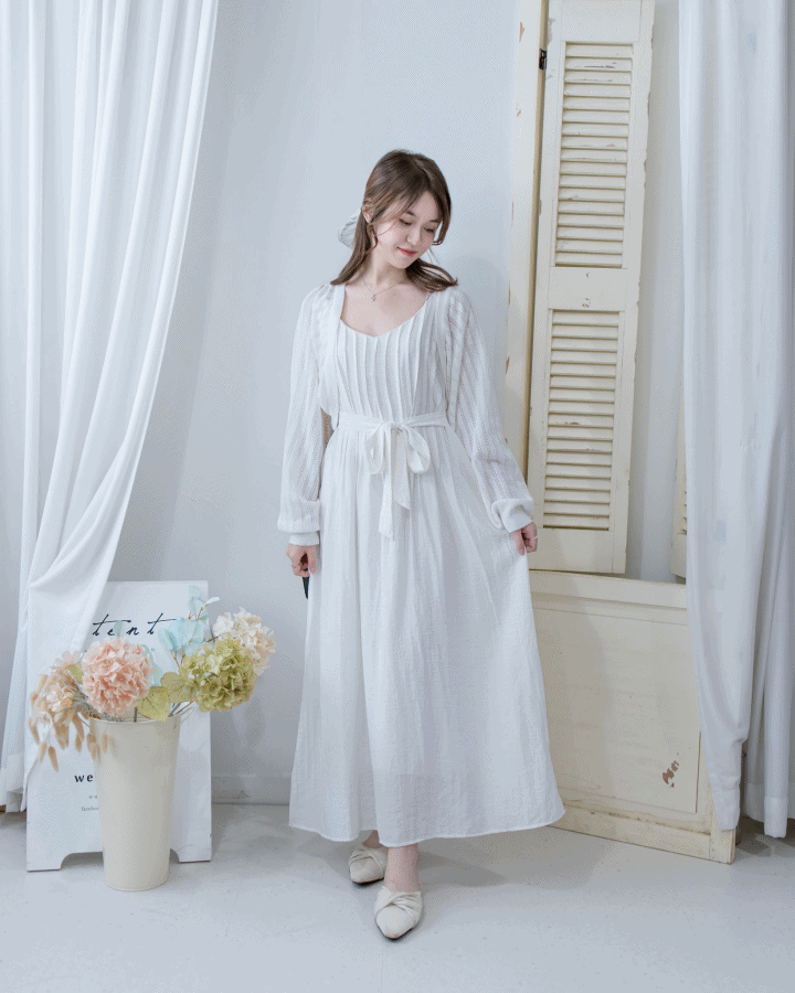 Knit Vest Set 鏤空針織外套風琴車褶長裙套裝/SE8118