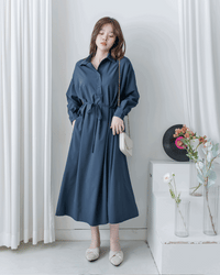 Navy Dress 深藍修腰口袋恤衫裙/ DS1072