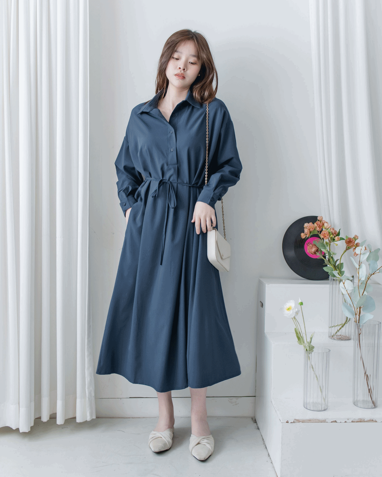 Navy Dress 深藍修腰口袋恤衫裙/ DS1072