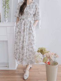 Bloom Dress 焦糖線條印花口袋修腰連身裙/ DS9965