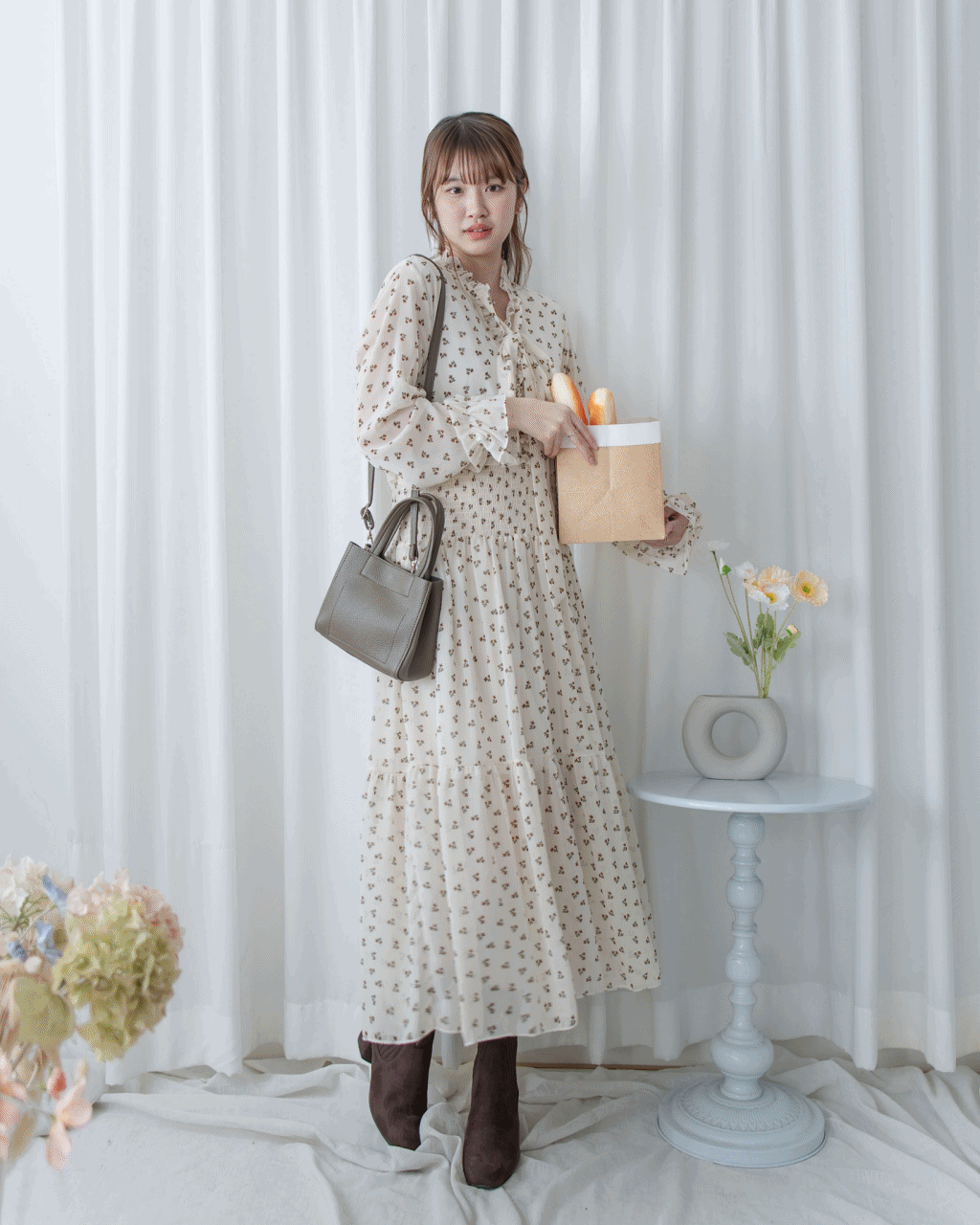 Star Floral Dress 雪紡星花木耳邊修腰連身裙/ DS1064 (Pre-order 2月5日截單)