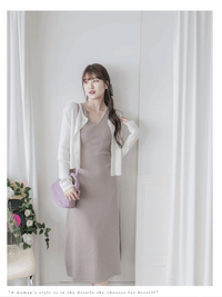 Knit Dress V領貼身腰間車褶針織連身裙/ DS9991