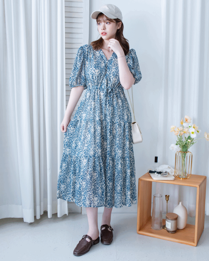 Shadow Chiffon Dress 疊領口影子印花雪紡連身裙/ DS1180