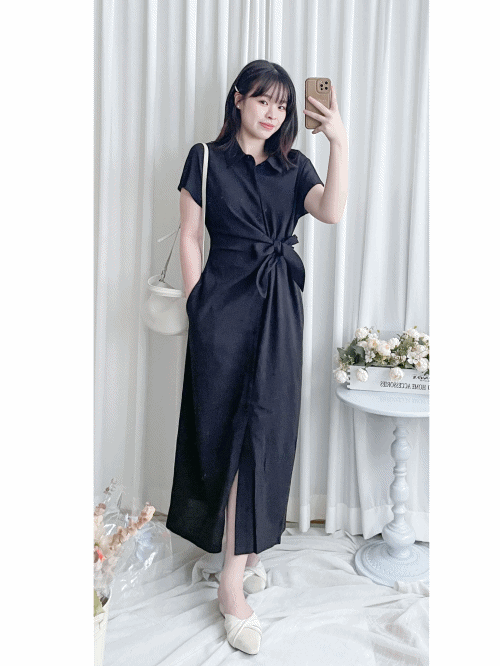 Black Shirt Dress 黑色寬鬆側修腰中排鈕連身裙/ DS9936