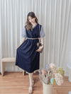 Spliced Dress V領深藍拼接連身裙/ DS9881