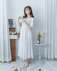 V Fine Belt Dress 法式暗條紋防皺V領拼接裙擺連衣裙/ DS1152