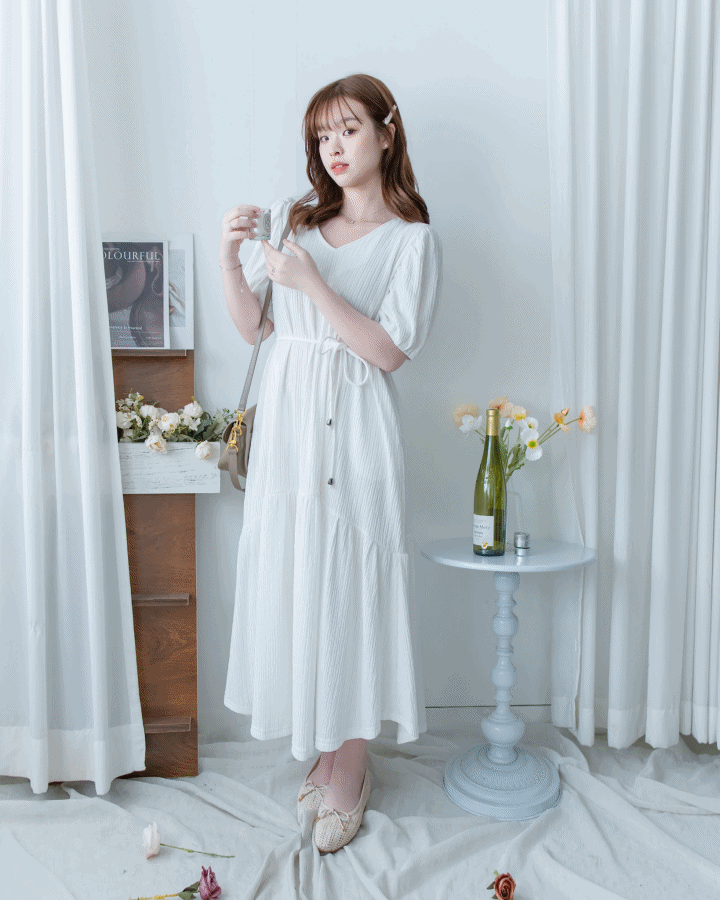 V Fine Belt Dress 法式暗條紋防皺V領拼接裙擺連衣裙/ DS1152