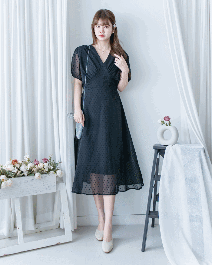 French Dot Wrap Dress 法式點點雪紡繫帶 V 領連身裙/DS1165