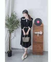 [限量現貨回歸]  French Collar Dress 黑白翻領設計中袖彈性連身裙/ DS9663