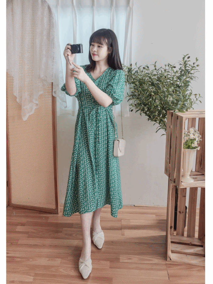 Shadow Floral V領單色簡約印花前修腰 Dress/ DS9903