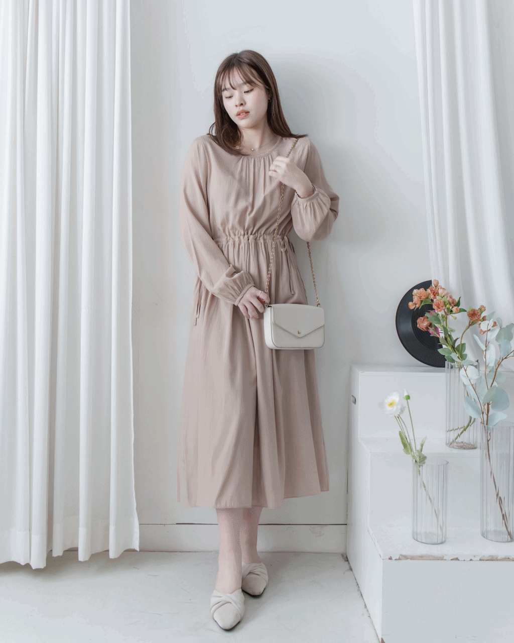 Luminous Dress 極致絲光棉顯瘦圓領蝴蝶修腰長裙/ DS1080