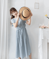 [ BEST ✈️自訂款 售完即止] Coco淺藍圓領車褶修腰綁帶連身裙, Dress/ DS9297