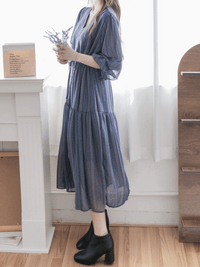 Misty Blue Chiffon Dress 霧藍民族印花束腰飄逸裙擺連身裙/ DS9989 (pre-order 10月9截單)