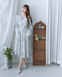 [intent label/ intent 製] Clear Flower Dress V領側束帶質感線條印花飄逸連身裙/ DSA8012