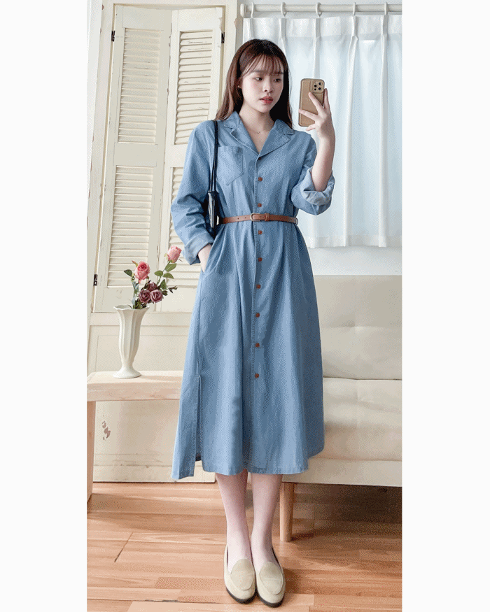 RoseGold Belt Denim Dress 玫瑰金飾扣腰帶輕復古翻領牛仔連身裙/ DS1087