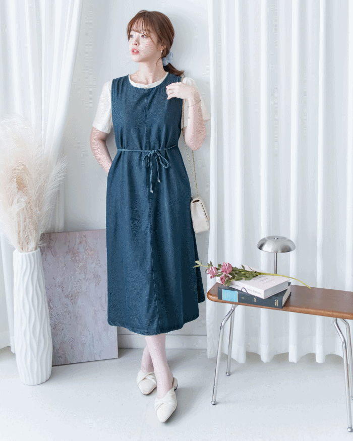 Denim Vest Dress 前中線綁帶牛仔背心裙/ DS1174