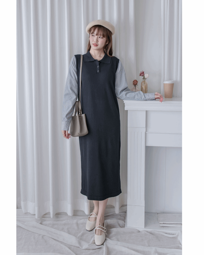 Spliced Dress 假兩件拼接條紋針織連衣裙 / DS1050