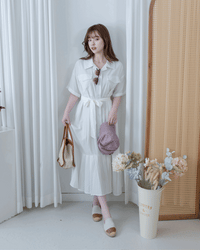 Louisa Dress 翻褶袖子修腰裙擺車褶連身裙/ DS1132