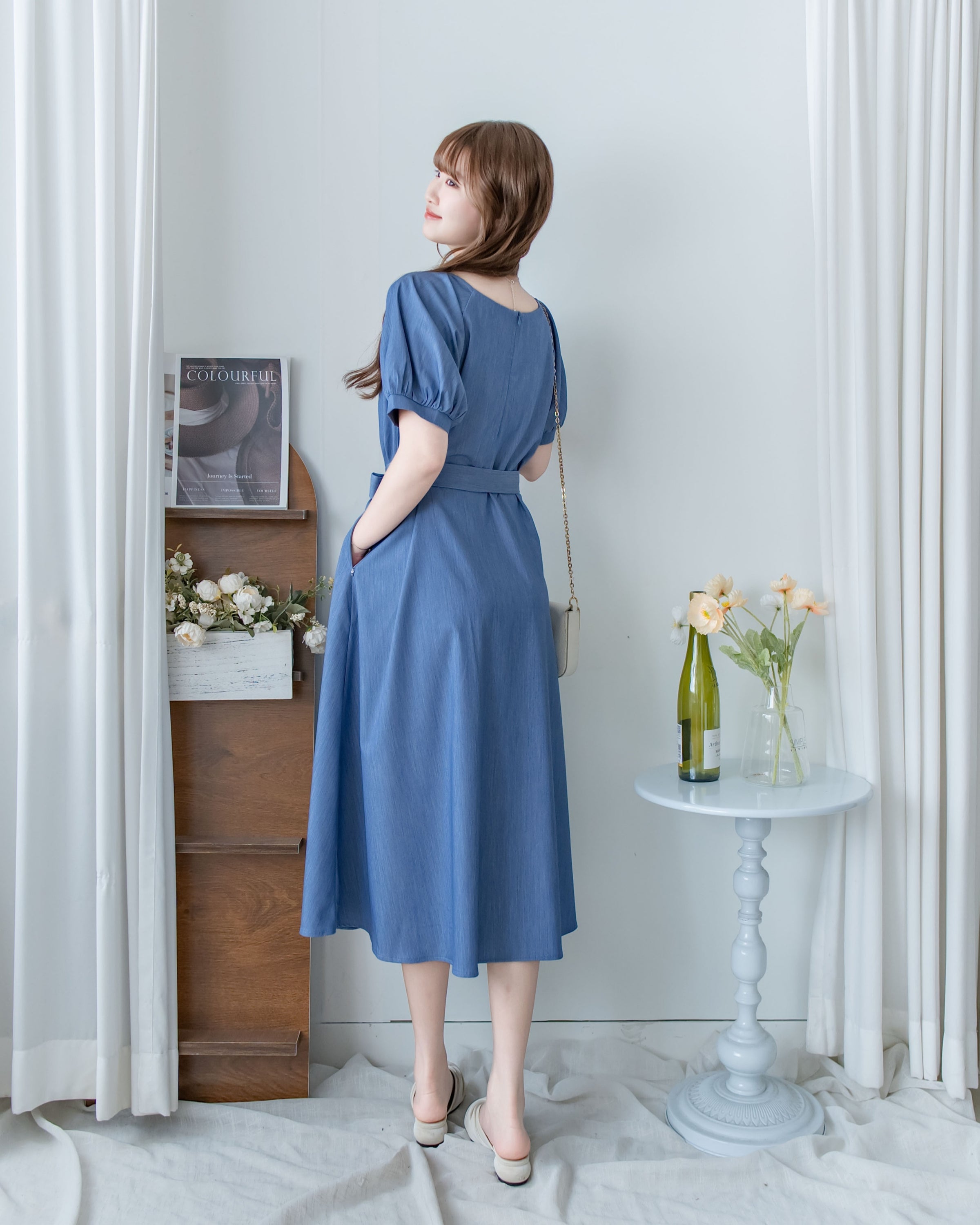 [intent label/intent製 ] Sophie Collar Dress 細褶方圓領顯瘦腰間口袋連身裙/  DSA8006
