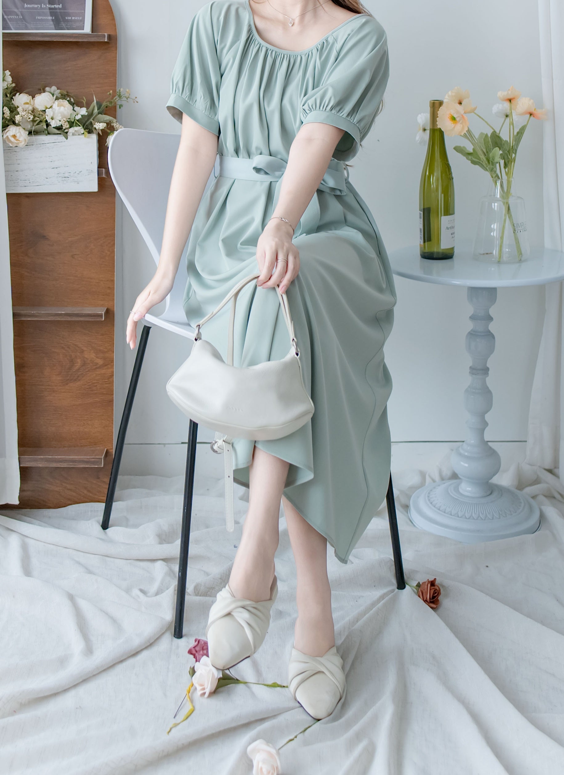 [intent label/intent製 ] Sophie Collar Dress 細褶方圓領顯瘦腰間口袋連身裙/  DSA8006