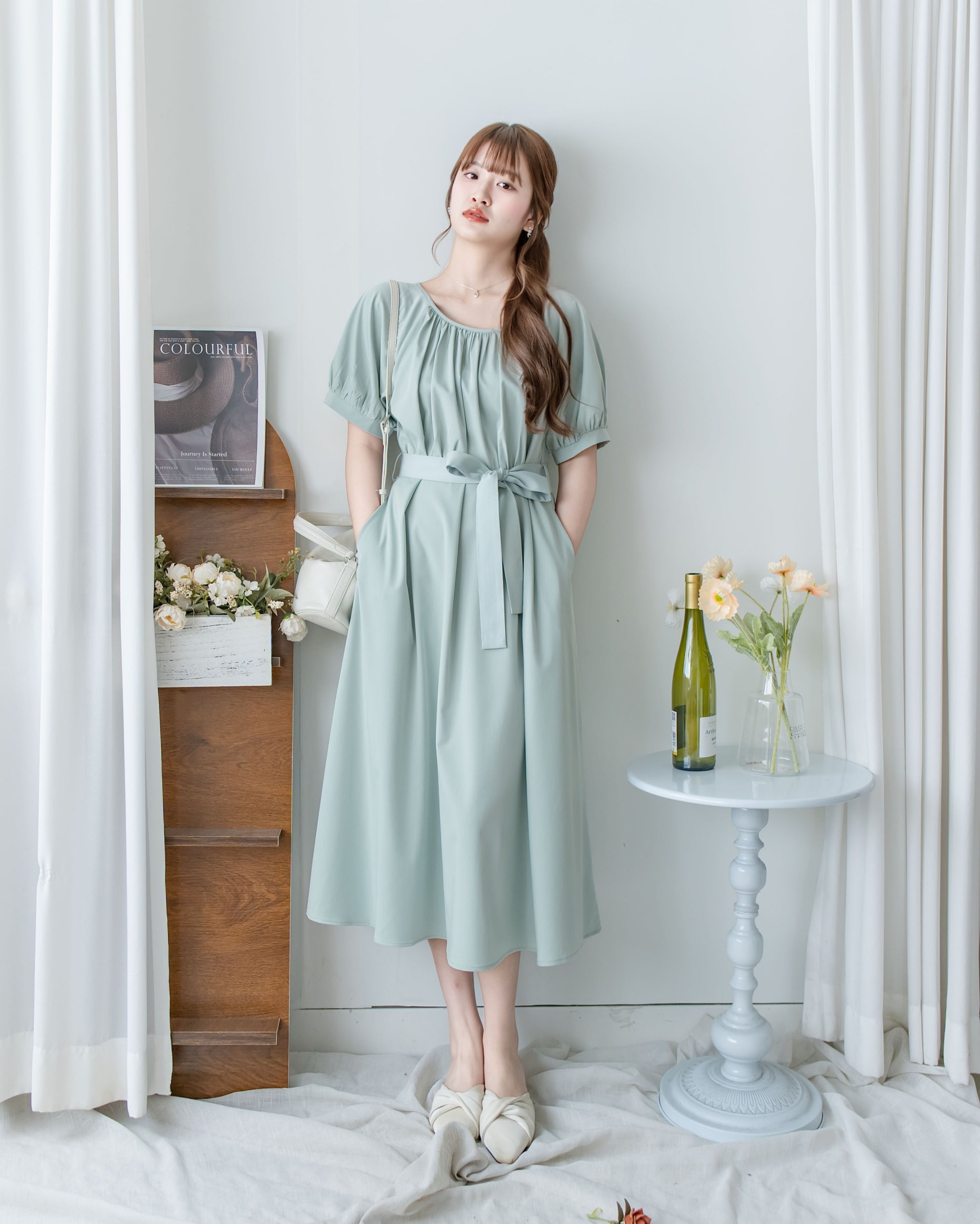 [intent label/intent製 ] Sophie Collar Dress 細褶方圓領顯瘦腰間口袋連身裙/  DSA8006