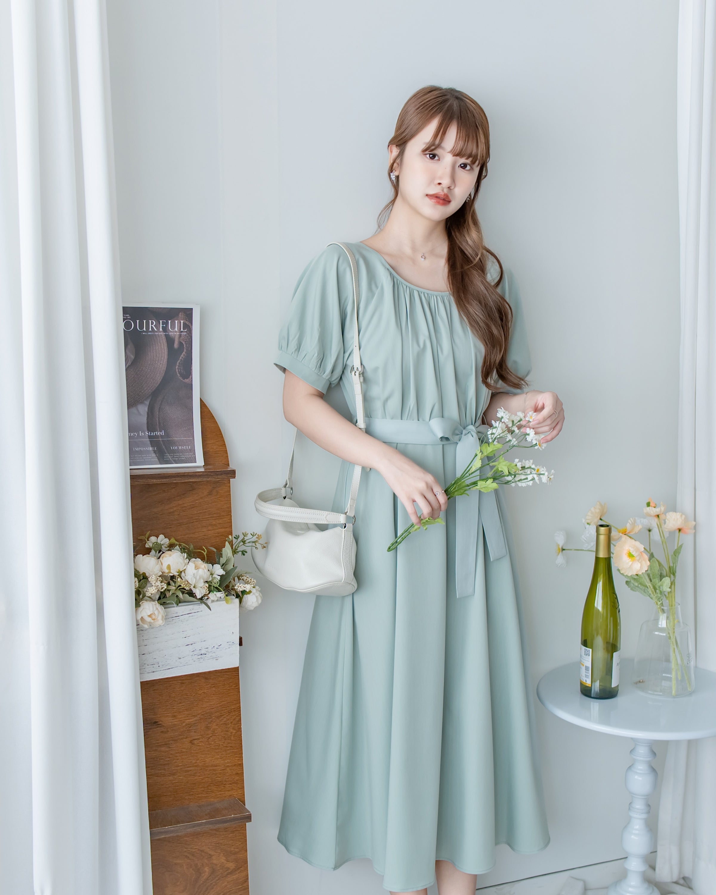 [intent label/intent製 ] Sophie Collar Dress 細褶方圓領顯瘦腰間口袋連身裙/  DSA8006