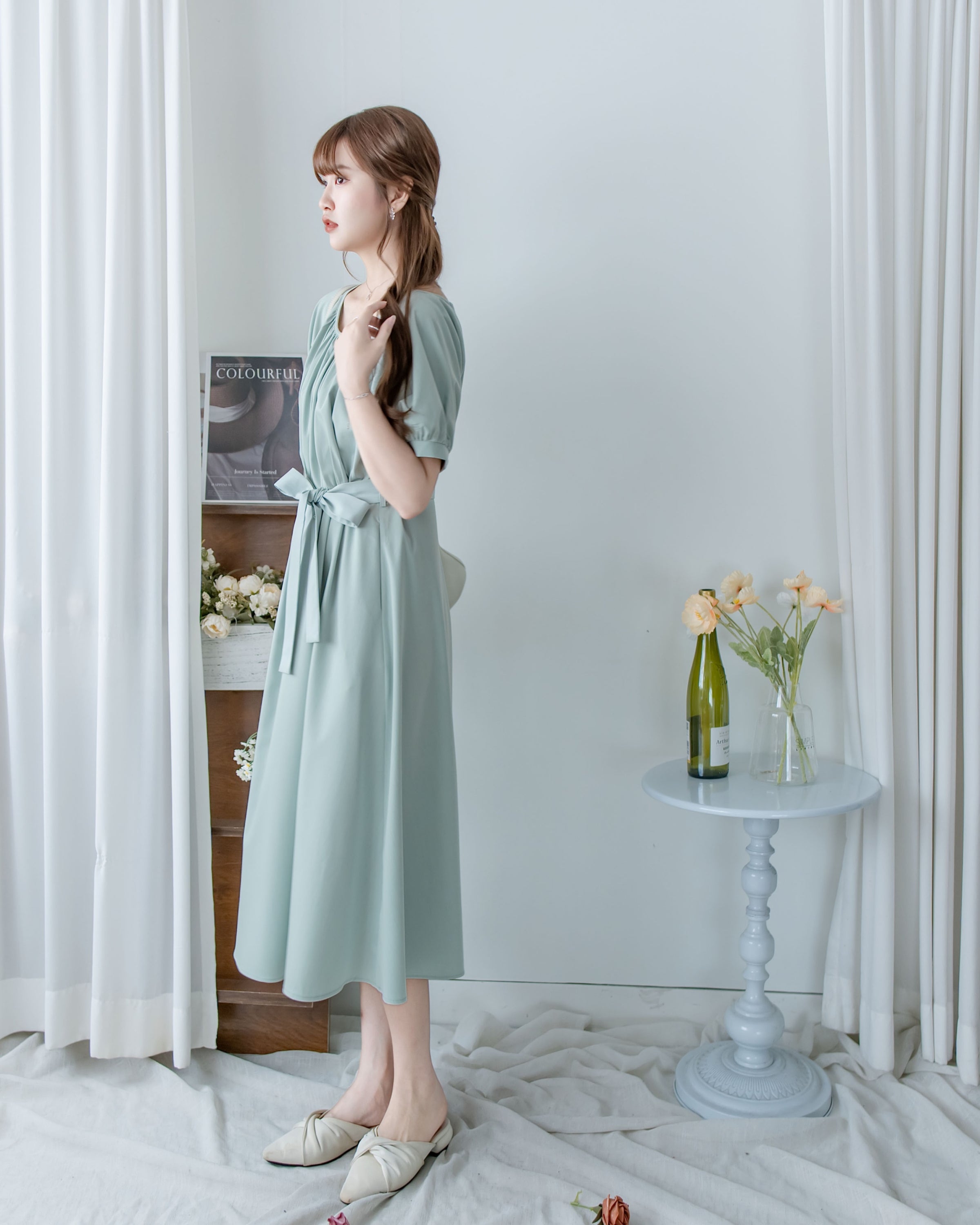 [intent label/intent製 ] Sophie Collar Dress 細褶方圓領顯瘦腰間口袋連身裙/  DSA8006