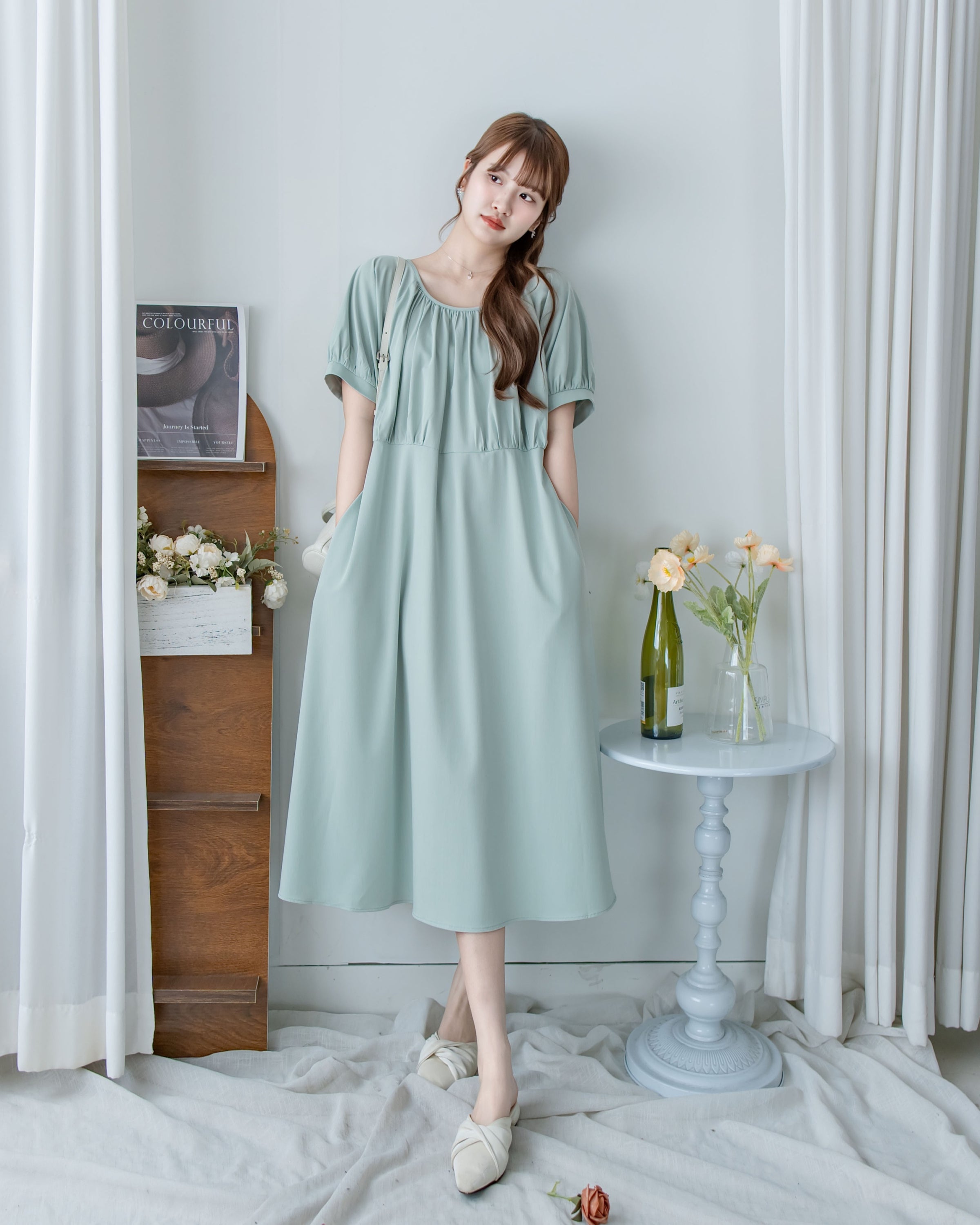 [intent label/intent製 ] Sophie Collar Dress 細褶方圓領顯瘦腰間口袋連身裙/  DSA8006