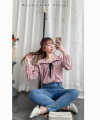 Wonderland 絨面皺褶方領輕優雅上衣, Blouse/ BU8987 (pink sold out)