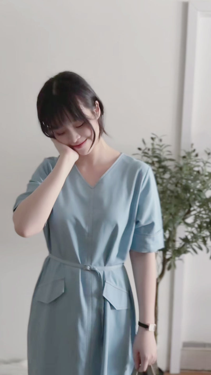 Side Slit Denim V領牛仔色開叉手袖 Dress/ DS9892 (pre-order)
