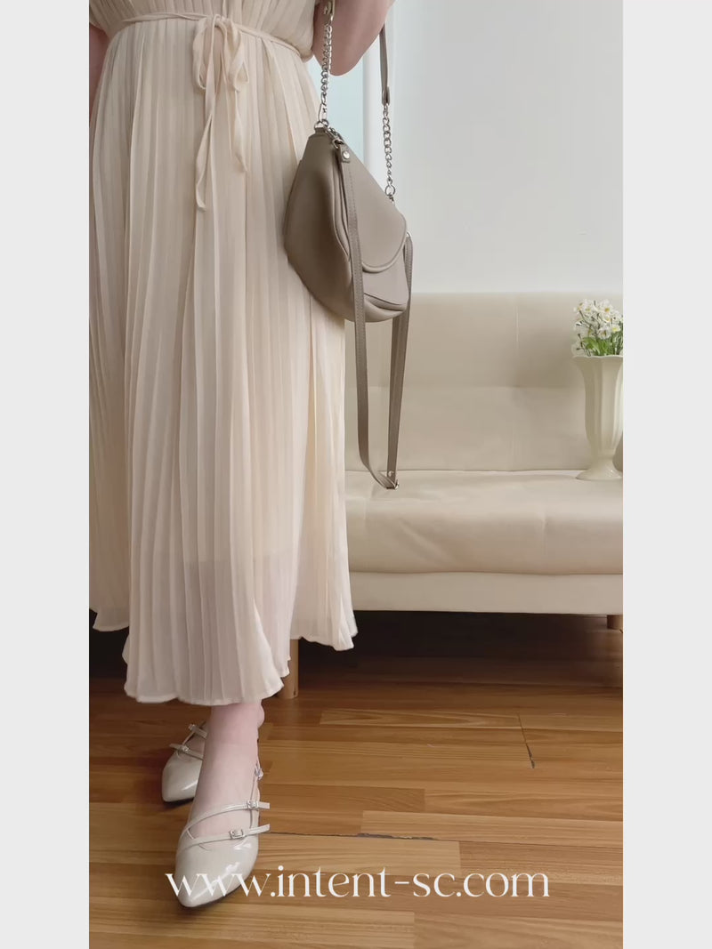 Pleated Dress 全裡布雪紡百褶修腰波浪裙擺連身裙/ DS9882
