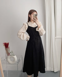 【現貨限量回歸 】Suede 微絨面拼接線條傘形背心裙, Dress/ DS9148