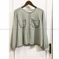 Border 雪紡湖水綠暗格拼色上衣, Blouse/ TP8682
