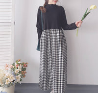Check One Piece 假兩件高領口袋左右開叉格子裙, Dress/ DS9161