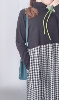 Check One Piece 假兩件高領口袋左右開叉格子裙, Dress/ DS9161