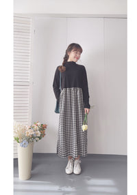 Check One Piece 假兩件高領口袋左右開叉格子裙, Dress/ DS9161