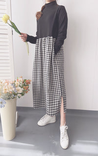Check One Piece 假兩件高領口袋左右開叉格子裙, Dress/ DS9161