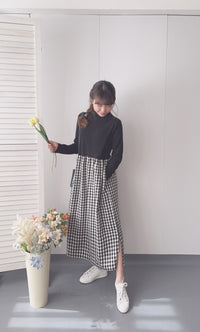 Check One Piece 假兩件高領口袋左右開叉格子裙, Dress/ DS9161