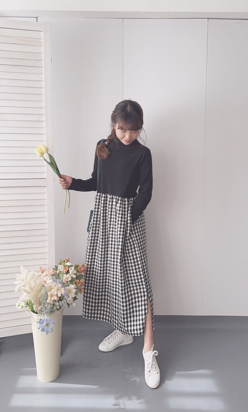 Check One Piece 假兩件高領口袋左右開叉格子裙, Dress/ DS9161